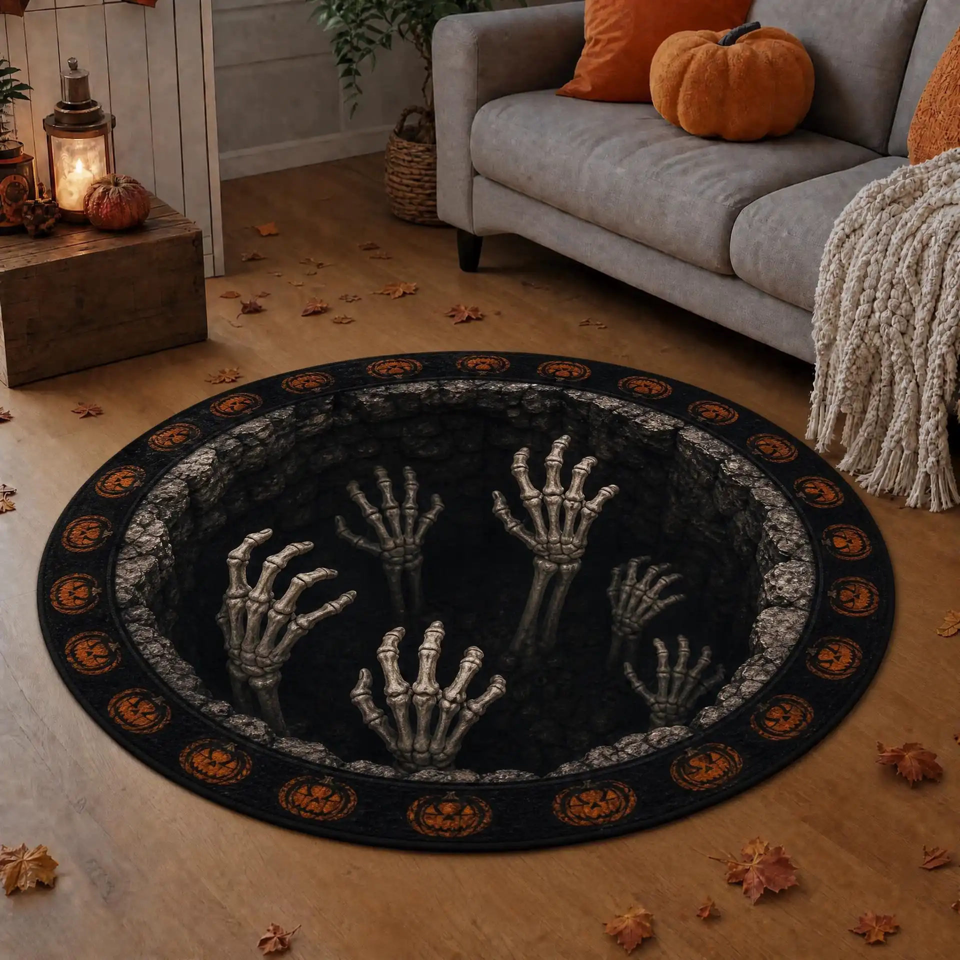 Halloween 3D Visual Crystal Velvet Round Floor Mat, Home Living Room Bedroom Decoration, Wear-resistant Carpet